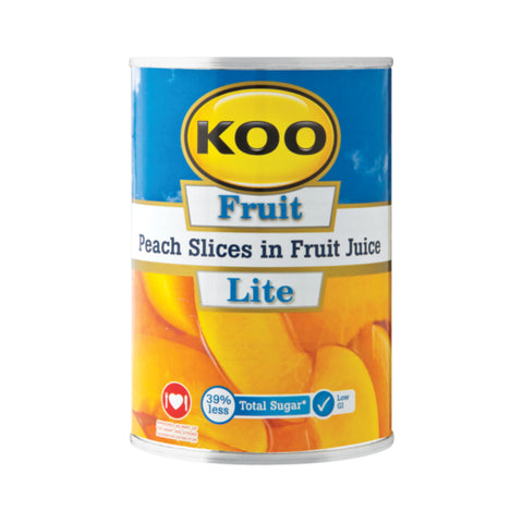 KOO Lite Peach Slices 410g, supplied by Caterlink SA.