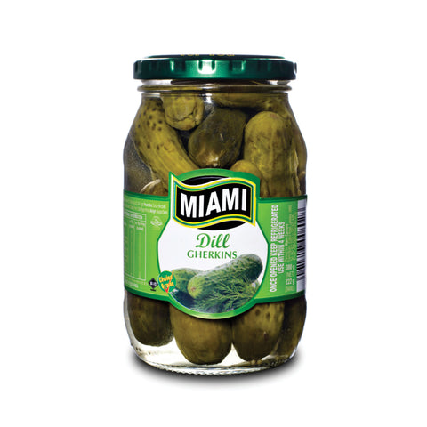 Miami Gherkins Glass Jar 400g, supplied by Caterlink SA.