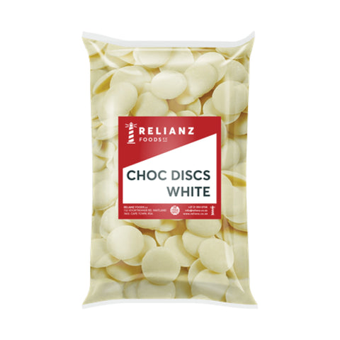 Relianz White Baking Chocolate Discs 1kg, supplied by Caterlink SA.